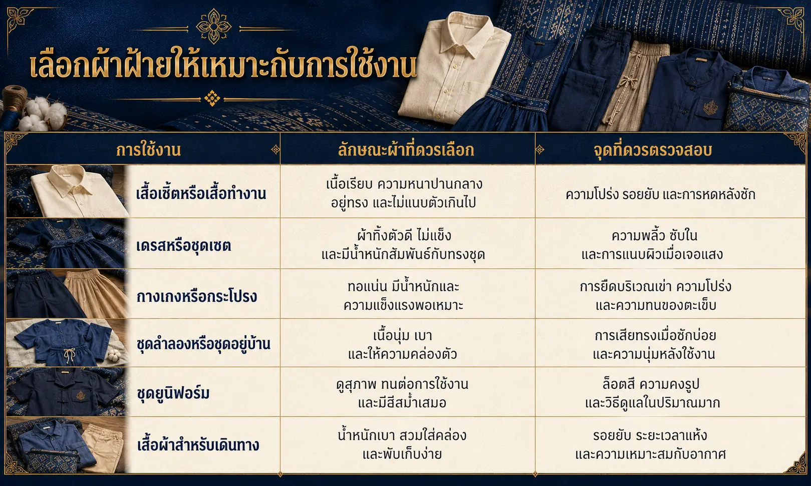 เสื้อผ้าฝ้ายรูปแบบต่าง ๆ สำหรับการใช้งาน