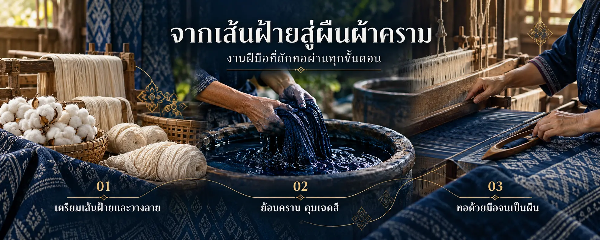 ผ้าฝ้ายย้อมครามทอมือ แสดงขั้นตอนจากเส้นฝ้ายสู่ผืนผ้า